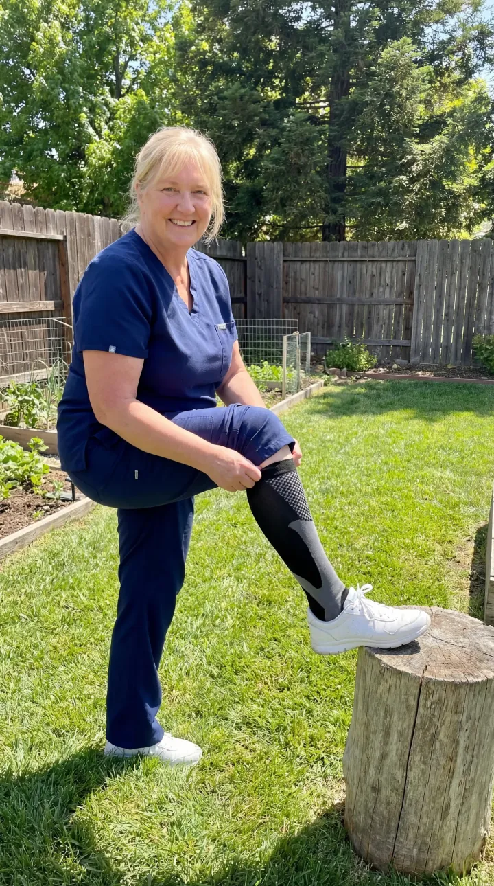 Nurse Yard customer in scrubs adjusting her compression socks outdoors