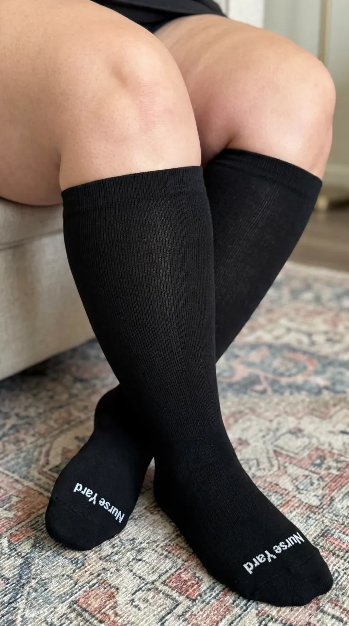 Customer wearing Nurse Yard black knee-high compression socks at home