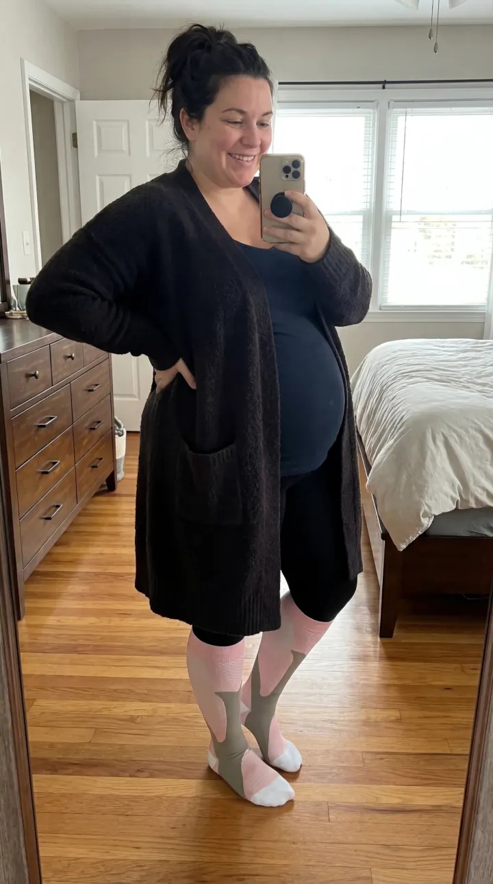 Pregnant customer wearing Nurse Yard compression socks for swelling