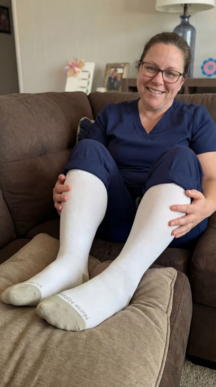 Nurse in scrubs wearing white Nurse Yard compression socks