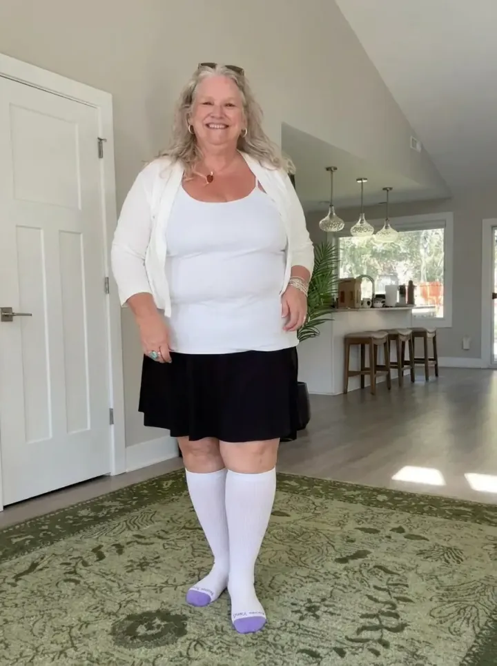 Customer's feet in Nurse Yard compression socks during travel