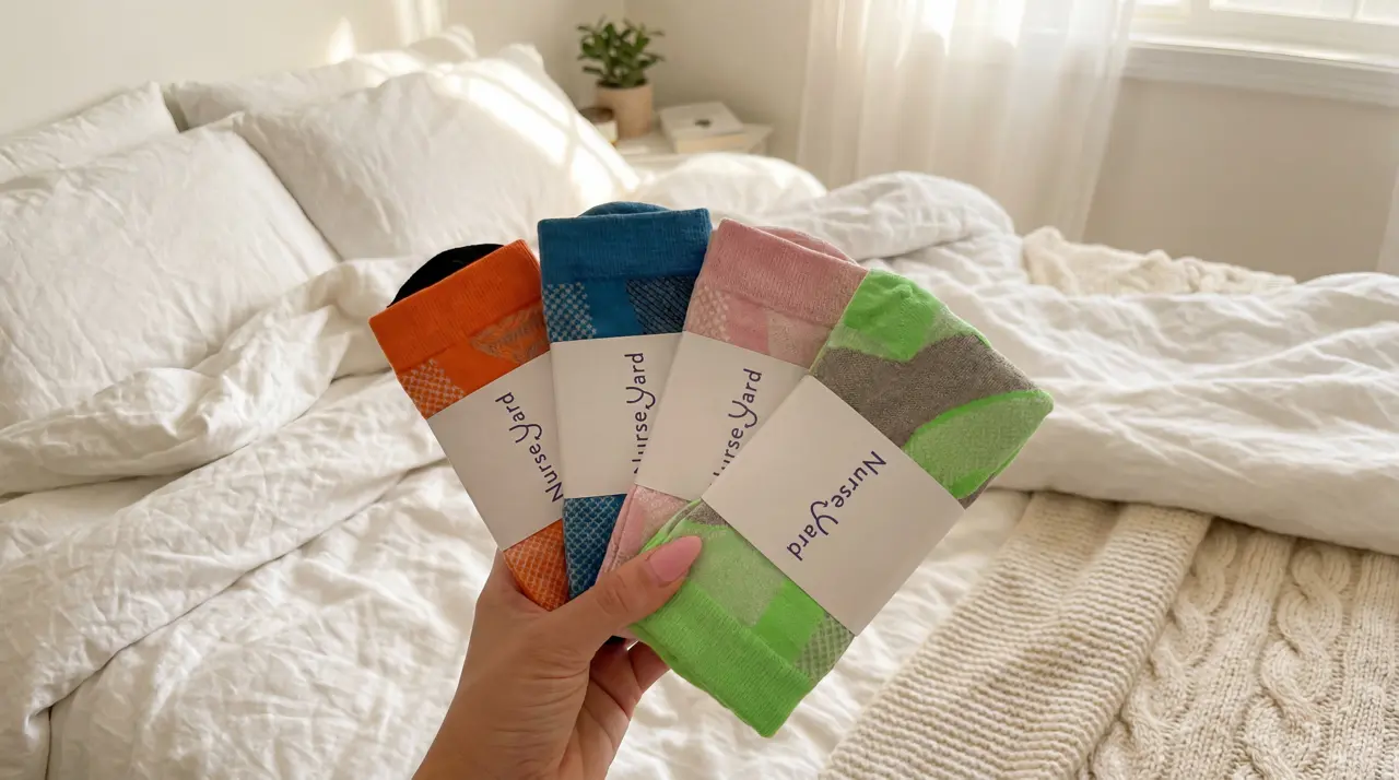 Assortment of Nurse Yard compression socks in multiple colors and patterns